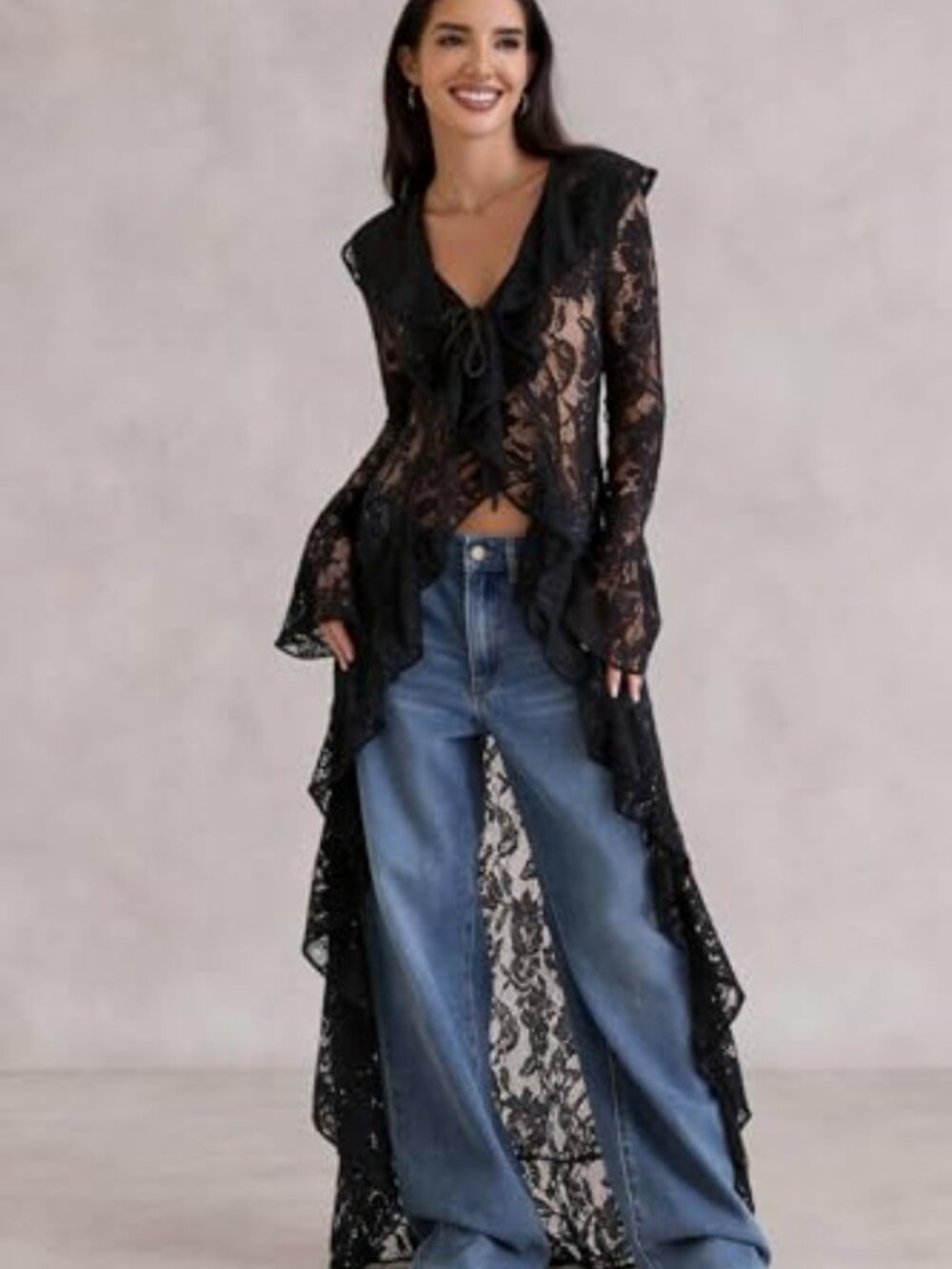 Lace Cardigan Women Maxi Lightweight Open Front Tie Bell Long Sleeve Ruffled - Picture 3 of 7
